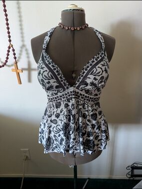 Black & White Floral Halter Bathing Suit Top.